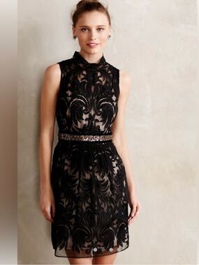 Yoana Baraschi Black Lace Appliqué Sleeveless Mini Dress with Beaded Waist